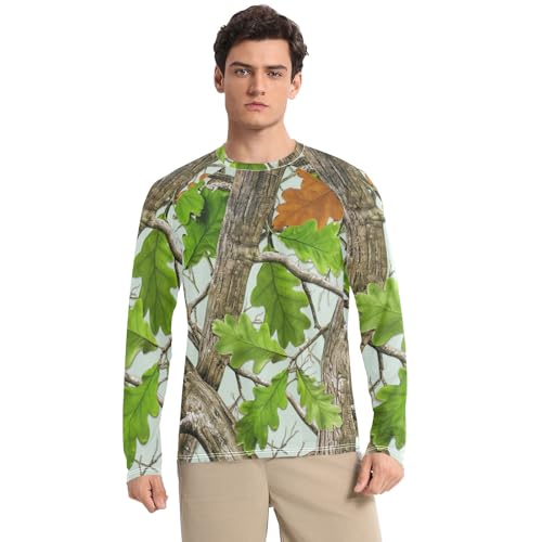 Mens UPF 50+ UV Sun Protection Men Rash Guard Long Sleeve Rash Guard for Men Quick Dry Swim Shirts, Realistic Camo Tree Branches Leaves, Large