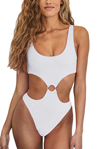 ioiom Tummy Control One Piece Swimsuits for Women - Sexy Bathing Suits with Slimming High Waist White M