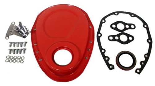 1955-95 Compatible/Replacement for Chevy Small Block 283-305-327-350-400 Steel Timing Chain Cover Set w/Timing Tab - Orange