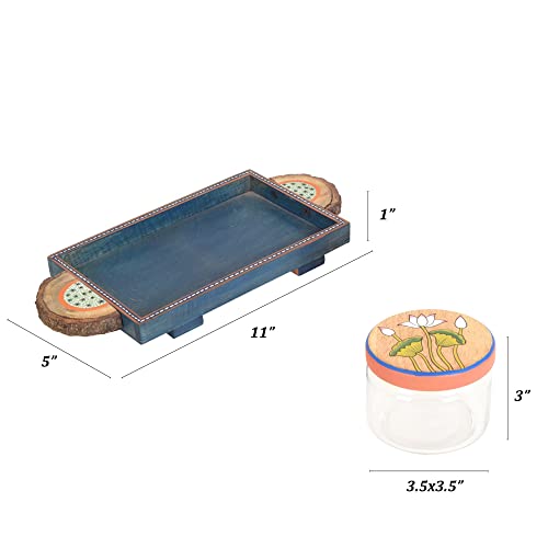 Image of AAKRITI ART CREATIONS Pichhwai Leela Snacks Storage Jars and Tray | Handcrafted Pichhwai Art Storage Jars | Kitchen Decoration Items Stylish Tray & Jars | Airtight Kitchen Containers with Tray