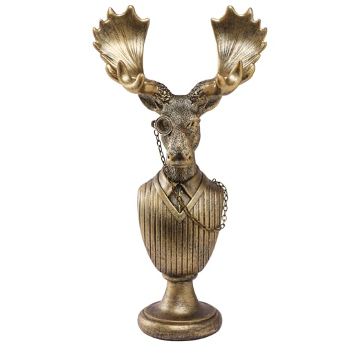 Image of Vintage Animal Statue, Gold Resin Moose Bust Figurine with Glasses & Suit, Moose Sculpture, Festival Decorations, Retro Office Desk Decor for Home Living Room, Creative Gift for Animal Lovers