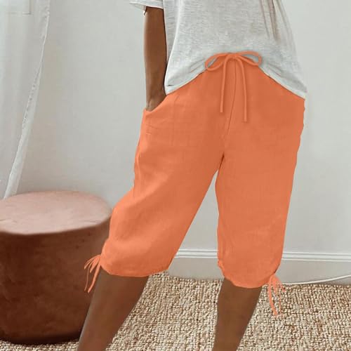 SEAOPEN Women's Linen Capris High Waisted Capri Pants Casual Drawstring Hem Shorts Loose Wide Leg Capris with Pockets2