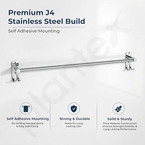 Image of Plantex J4 Stainless Steel Self Adhesive Towel Rod for Bathroom /Single Towel Hanger Without Drill /Towel Holder for Bathroom /24 Inch Towel Rod with Hook /Bathroom Accessories- Pack of 1 (Chrome)