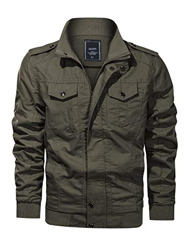 Men's Military Jacket Cargo Casual Coat Lightweight Outwear Cotton Stand Collar Windbreaker (Army Green, Large)