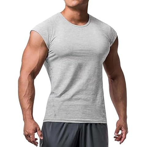 Mens Muscle Cut T-Shirt Short Sleeve for Bodybuilding Gym Workout Tee Tops Cotton Gray L Cover