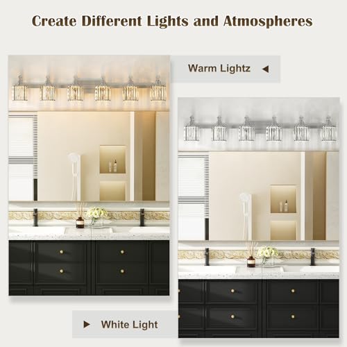 Image of GarveeTech Crystal Vanity Light Fixtures Modern Stainless Steel Crystal Bathroom Vanity Light Fixtures Chrome, 6 Light Vanity Light Bathroom Wall Lights Fixtures E26 Base(Exclude Bulb)