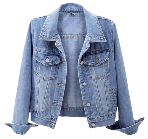 Womens Solid Color Denim Jackets Button Up Long Sleeve Trucker Jackets Jean Coat