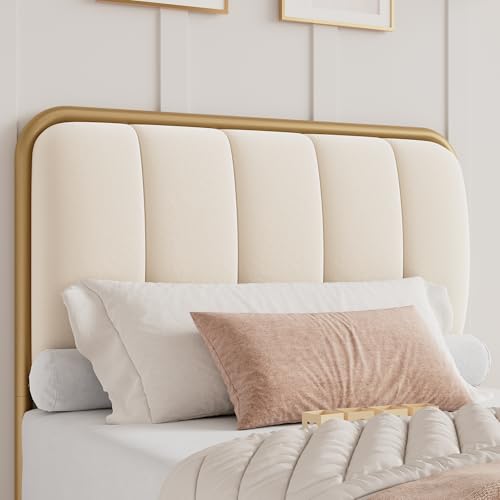 Image of HITHOS Twin Size Bed Frame with Button Tufted Headboard, Upholstered Heavy Duty Metal Mattress Foundation with Wooden Slats, Easy Assembly, No Box Spring Needed (Golden /Off White, Twin)