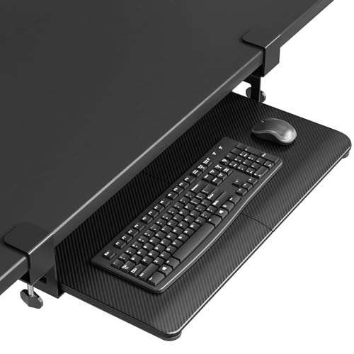 BONTEC KMT01 Under Desk Keyboard Tray, Pull-Out Keyboard & Mouse Platform with C-Clamp, 25.6 x 11.8 in Space-Saving Ergonomic Slide-Out Drawer, Black Carbon Fiber