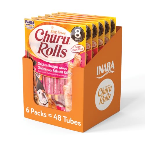 Image of INABA Churu Rolls for Dogs, Soft & Chewy Baked Chicken Wrapped Filled Dog Treats, 0.42 Ounces Each Tube, 48 Tubes Total, Chicken with Salmon Recipe