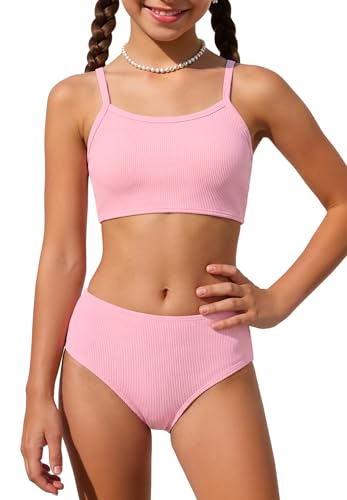 Image of Zando 2 Piece Ribbed Swimsuits for Teen Girls Kids Size 6-15 Years High Waisted Solid Cute Bikini for Summer Beach Wear