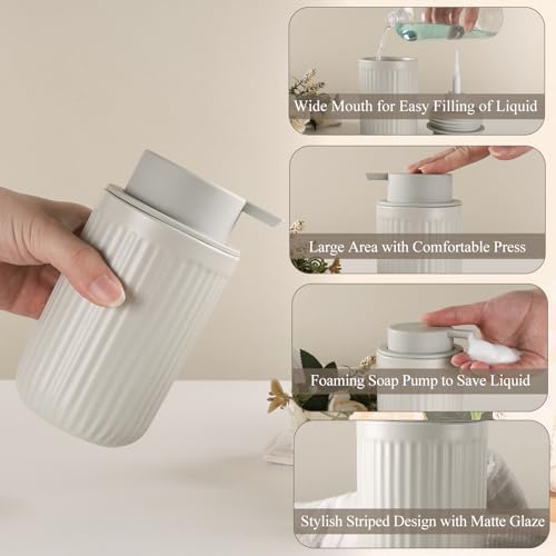 Image of BosilunLife Foaming Soap Dispenser Set - Grey Ceramic Foam Hand Soap Dispenser 12oz with Rust Proof Pump, Easy Pressing, Refillable for Kitchen, Bathroom - 2 Pack