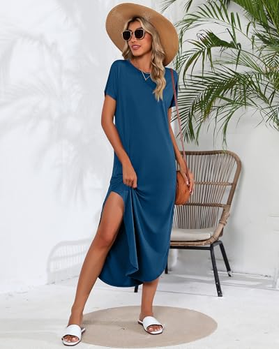 Image of Riyiper 2 Pieces Women's Short Sleeve Maxi Dress Round Neck Casual Loose Split Long Summer Beach Shirt Dress with Pockets