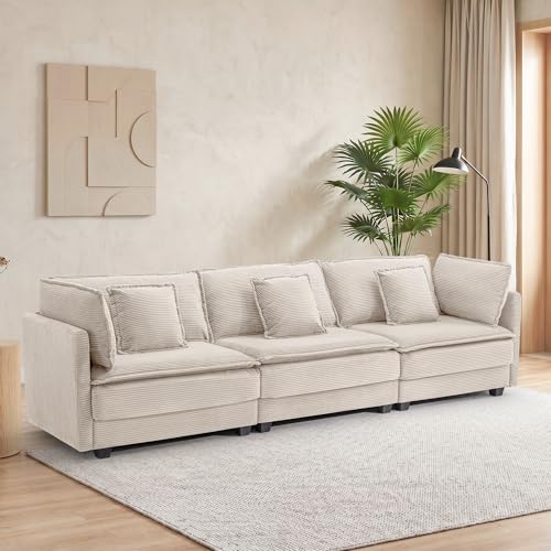 Image of Corduroy Sectional Couch, 3 Seater 113 inch Cloud Couch, Modular Deep Seat Sofa with Pillows for Living Room, Apartment, Beige