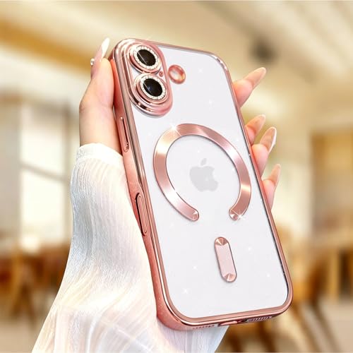 Image of Misscase for iPhone 17 Case with Privacy Screen Protector, Built-in Lens Protector, Compatible with MagSafe, Anti-Yellowing Shockproof TPU, Bling Glitter Electroplated Cover 6.3 inch Pink