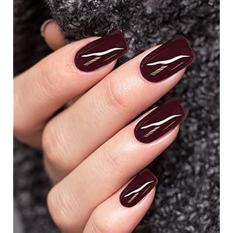 Press on Nails Medium Length- Morily Burgundy Fake Nails Square Shaped, Solid Color Glossy Squoval Stick on False Fingernails for Women - 24Pcs in 12 Sizes Cover