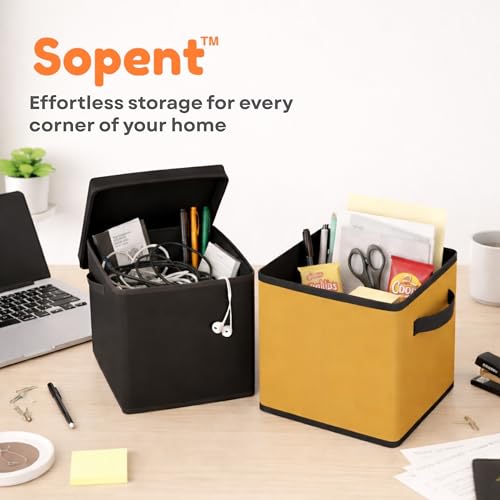 Image of Sopent Fabric Storage Box and Organiser with Lid (Plain Black, 10.6 inch Inch)