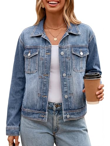 Image of Glamaker Womens Jean Jacket 2026 Casual Basic Trendy Button Down Long Sleeve denim Jacket Coat With Pockets