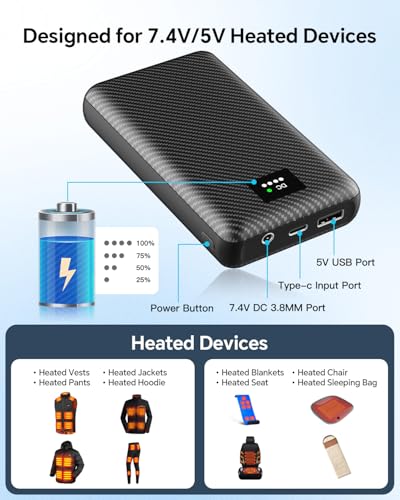 Heated Vest Battery Pack, 7.4V 30000mAh Portable Charger with DC and USB Output Ports for Heated Jacket,Coat,Pants and Heating Clothing for Men4