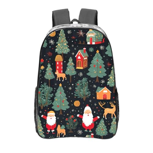 Christmas Deer Santa Claus Print Work Travel Stadium Events Transparent Backpack PVC Clear Bag Large Side Pockets