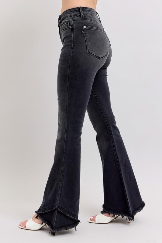 Judy Blue Women's High Waist Flare Jeans with Mock Fray Tulip Hem Stretch Denim.