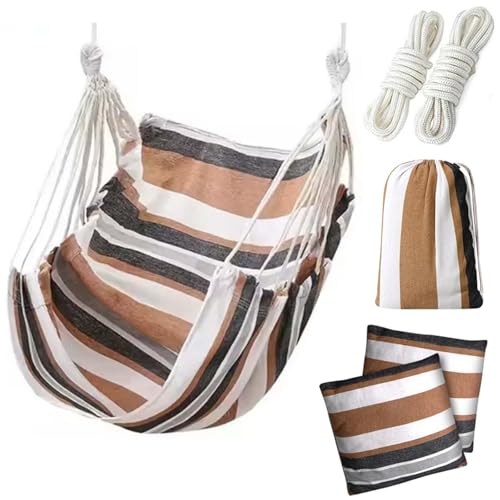 サムコス ハンモック チェア ハンガーラックスイングチェア ハンモック室内 室外 兼用 折りたたみ ハンギングチェア 公園 アウトドア キャンプ ポール 吊り下げ 吊り椅子丈夫なロープ/抱き枕付き（カレー色ストライプ、棒がない）