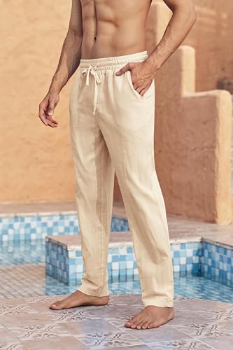 Runcati Herren Leinenhose Einfarbiges Lang Leicht Sommerhose Loose Fit Freizeithose mit Kordelzug für Urlaub Strand Beige XXL