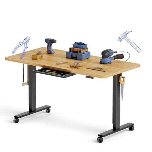 FLEXISPOT Electric Adjustable Workbench, 55x28 Inches Ergonomic Worktable with Drawer and Wheels for Garage, Workshop and Office, Spacious Desktop for Woodworking and Crafts, Maple, 4 Packages - image 1
