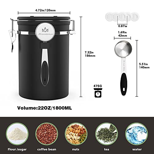 Miscedence Coffee Canister For Ground Coffee With Scoop Date Tracker One Way Co2 Valve 304 Stainless Steel Kitchen Food Airtight Storage Container For Coffee Beans,Grounds,Tea,Sugar (Black, 22Oz) #TOP4