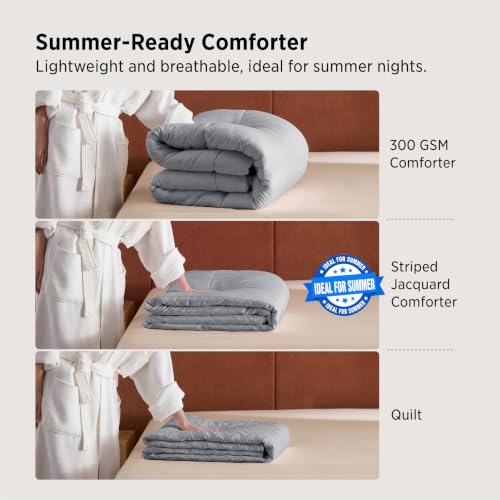 Image of Bedsure Duvet Insert Queen Size - Lightweight Comforter, Quilted Cooling Duvet Insert, Down Alternative Summer Comforter with 8 Tabs, Ultra Soft, Striped, Queen, Light Grey, 88x88 inches