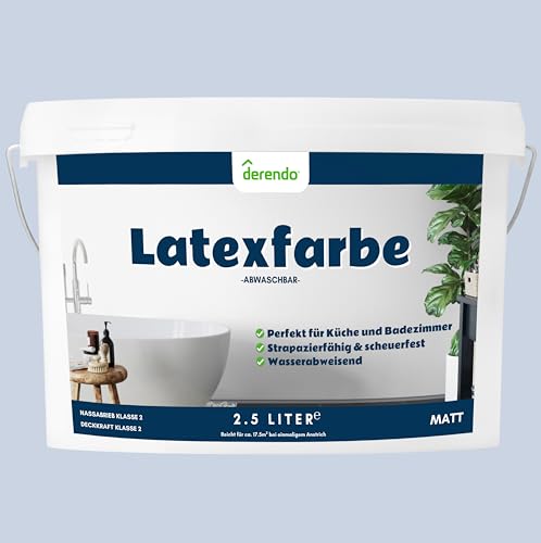 derendo Latexfarbe blau lavendel matt abwaschbar 2.5 Liter für Innen Küche Badezimmer streichen blaue Wandfarbe hohe Deckkraft 2,5l