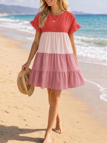 Image of Imysty Womens Boho Floral Ruffle Sleeve Babydoll Loose Flowy Casual Summer Pleated Mini Dress
