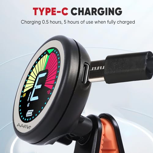 Image of Clip on guitar tuner rechargeable, for all instruments, acoustic /electric guitar, ukulele, bass, violin, Banjo, color LCD, semitone tuner, 4 Pack Guitar Picks Included