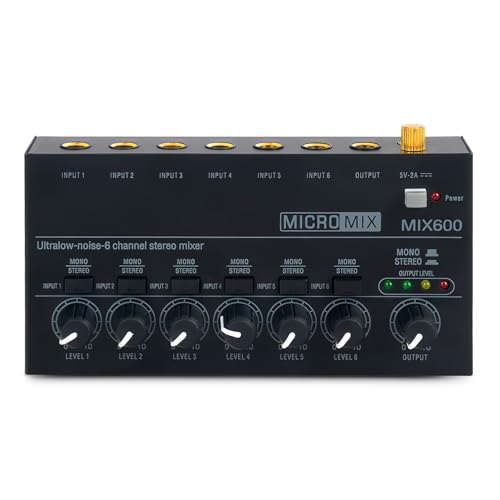Mixer audio Goedch: mixer audio stereo a 6 canali, mixer audio ultra compatto con 6 controlli di volume indipendenti, custodia metallica e rumore ultra basso; ideale per studio, la