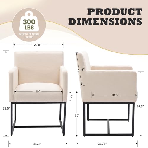 Image of HNY Mid Century Modern Upholstered Dining Chairs with Arms Set of 4, Linen Accent with Black Finish Metal Frame, 19'' Wide for Living Room Kitchen Bedroom, Cream, Cream-linen-black Frame