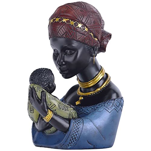 QIANLING Statue Africaine Mère et Enfant pour Décoration Maison, Sculpture en Résine Noire Afro-Américaine, Idéale pour Salon, Bureau, Étagère,...
