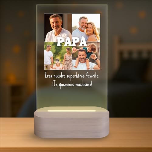 Lámpara Personalizada   Lampara con Foto y con Texto, Regalos Originales, Luz LED, Regalo Día del Padre, Pareja, Amigos, Familiares, Regalos Personalizados, Placa de Metacrilato con Luz (PAPÁ)