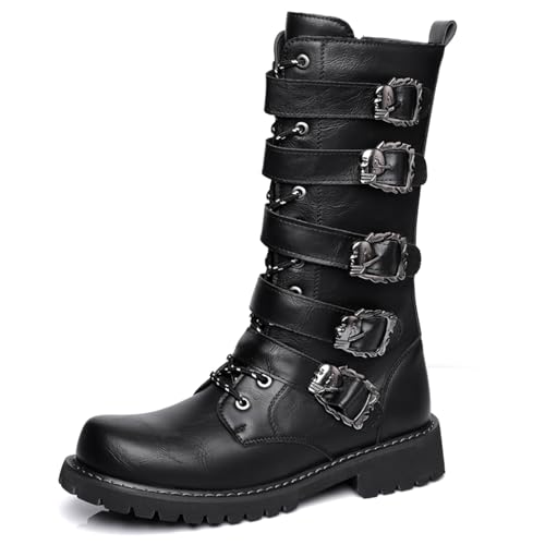 Men's Black Leather Lace Up Multiple Fasciculi Knee High Motorcycle Boots with Side Zipper Round Toe Bike Riding Punk Rock Y2K Cowboy Western Tactical Army Boot