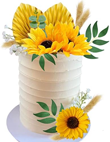 22 PCS Sunflower Flower Cake Toppers Gold Palm Leaves Eucalyptus Leaves Cake Decorations for Birthday Wedding Baby Shower Sunflower Themed Party Supplies