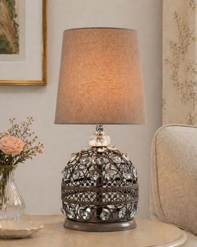 Image of Homesake Modern Small Crystal Table Lamp, Contemporary Bedroom Bedside Nightstand Lamp, Morden Minimalist, Desk Globe Lamp for Living Room Girls Kids Room, Fabric Shade (Grey)