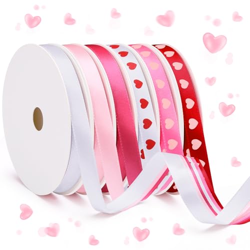 6 Rolls Valentines Day Ribbons Total 60 Yards 3/8 Inch Pink Satin Ribbon White Red Heart Ribbon for Gift Wrapping Flower Bouquet Craft Wedding Decoration