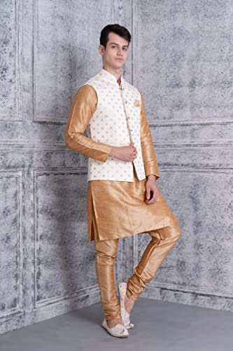 Image of Uri and MacKenzie Men's Silk Blend Regular Kurta Churidar Pyjama with Bundi Nehru Jacket /Waistcoat