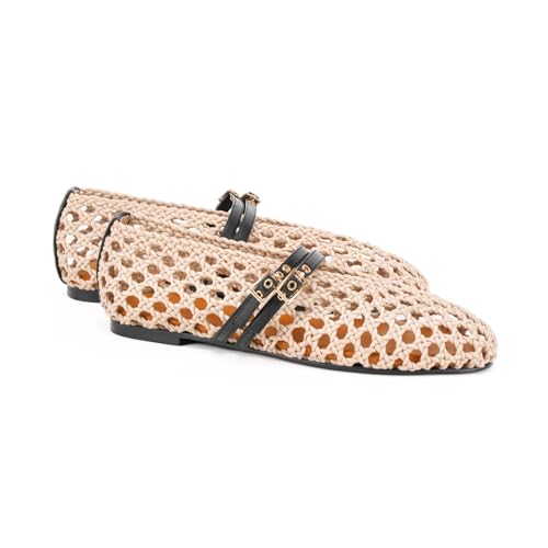 Image of Women's Woven Mary Jane Flats - Mesh Ballet Flats with Adjustable Double Metal Buckle Strap and Round Toe