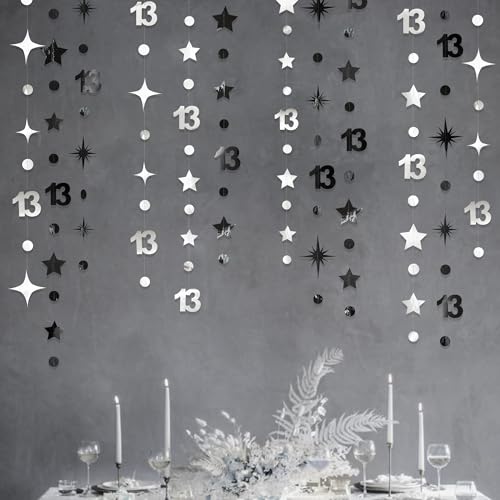 Image of Silver Black 13th Birthday Decorations Number 13 Circle Dot Twinkle Star Garland Hanging Streamer Bunting Banner Backdrop Girls Boys 13 Years Old Birthday Thirteen Official Teenager Party Supplies