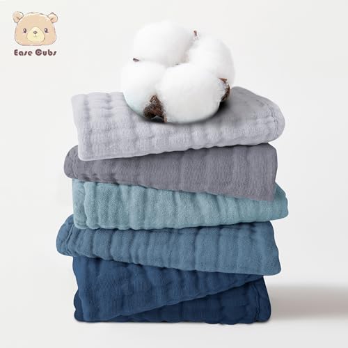 Image of Ease Cubs 12 Pack Muslin Washcloths for Baby - 100% Cotton Baby Wash Cloths for or Baby Face Body Comfy and Soft for Newborn Infants Kids Girls and Boys - 12 inchx12 inch - Slate, Grey and Navy Series