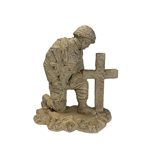 Solid Rock Stoneworks Kneeling Soldier at Cross Stone Military Statue 22in Tall