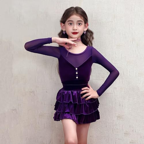 Robe de danse latine manches longues enfant velours extensible de salon