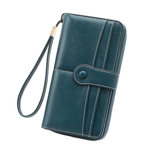 Image of Wristlet Women's Wallet Phone Purse RFID Blocking Large Capacity Card Holder Leather Blue
