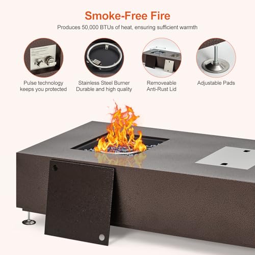56" Propane Fire Pit Table with Ice Bucket,50000BTU Fire Table with 13" Square Drink Ice Bucket Wind Guard, Fire Glass Beads & CSA Safety Certified Outdoor Firepit for Patio Garden