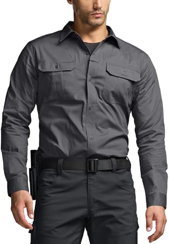 CQR Men's Long Sleeve Tactical Shirts, Ripstop Military Work Shirts, UPF 50+ Breathable Button Down Outdoor Hiking Shirt, #05 Charcoal, X-Large